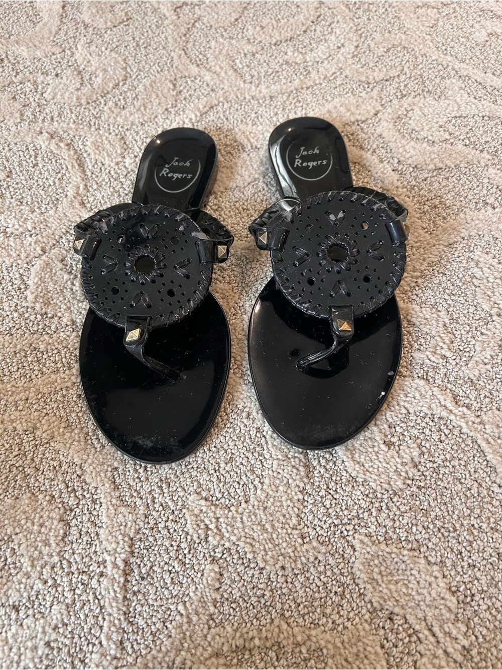 Jack Rogers Black Patent Thong Sandals with Rosette Accent
